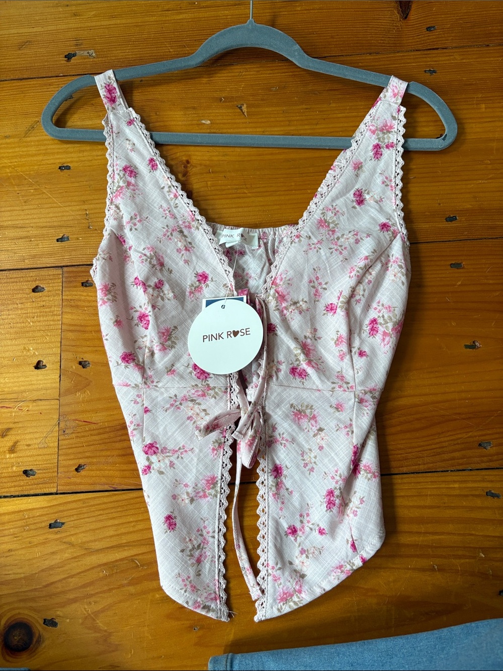 Pink Rose Pink Floral Lace-Trim Tie-Front Cami